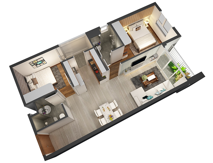 Căn hộ 2PN - 69.10m 3D