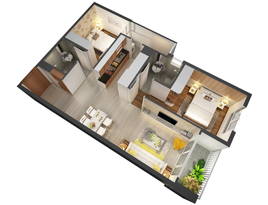 Căn hộ 2PN -77.46m 3D