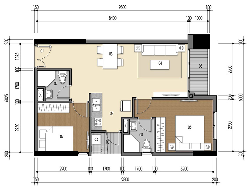 Căn hộ 2PN - 61.50m 2D