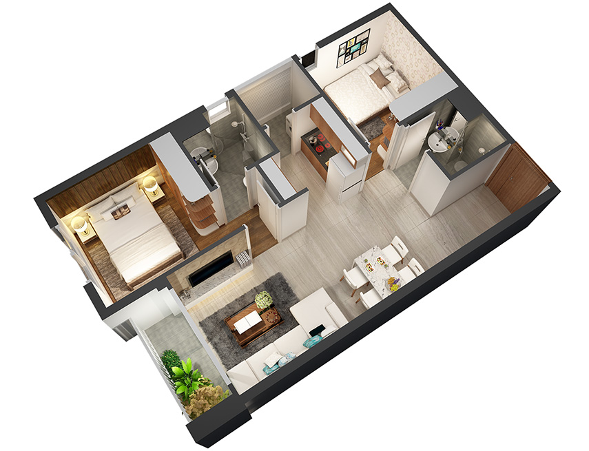 Căn hộ 2PN -61.50m 3D