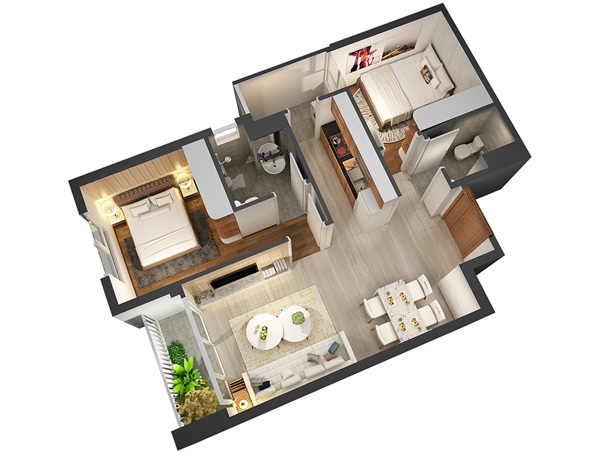 Căn hộ 2PN - 61.65m 3D