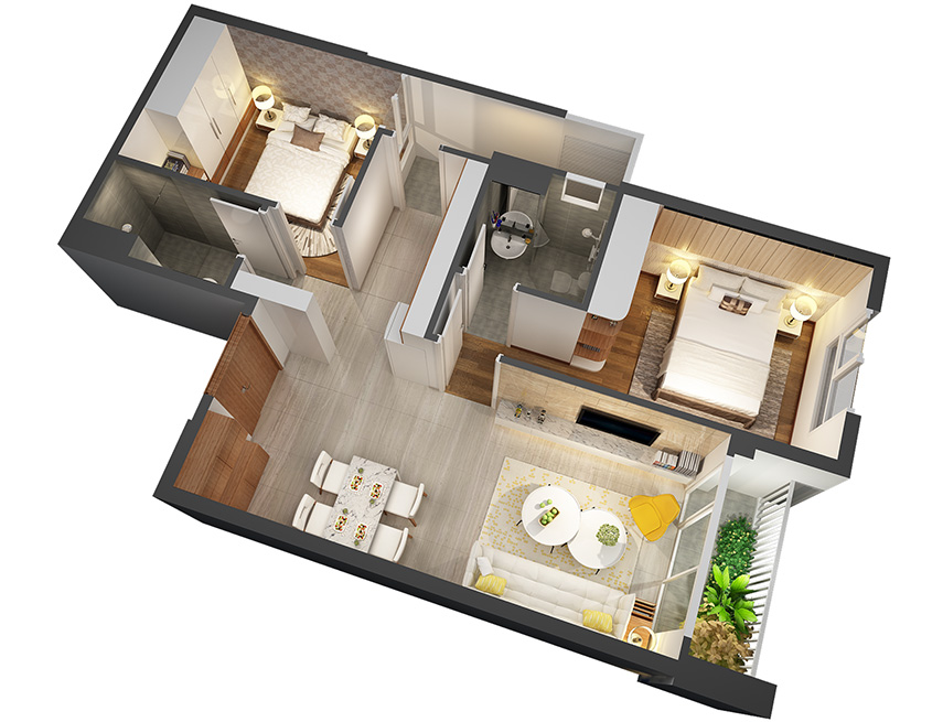 Căn hộ 2PN - 68.98m 3D