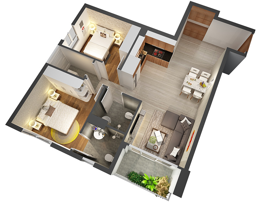 Căn hộ 2PN - 75.95m 3D