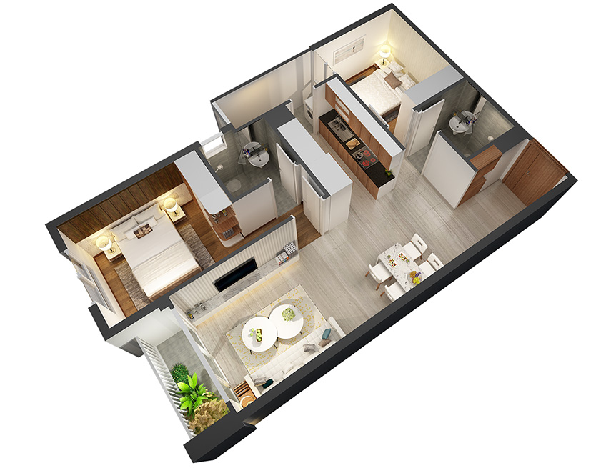 Căn hộ 2PN - 76.34m 3D